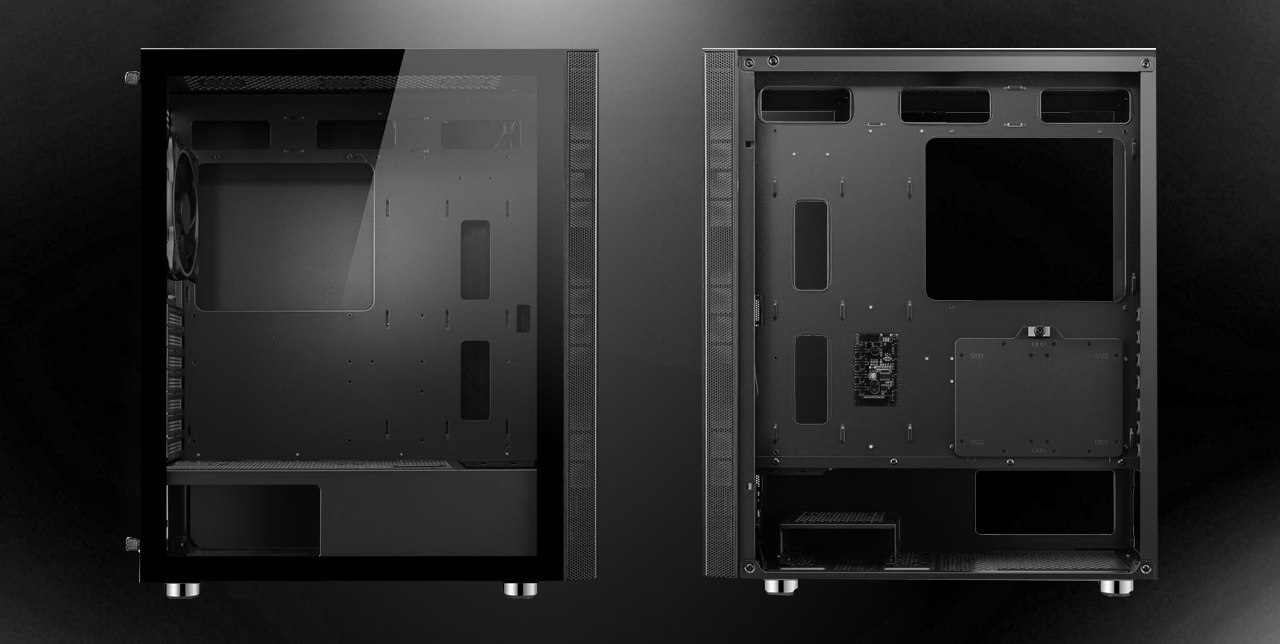 Two DIYPC AVVUS-BK-ARGB ATX Mid Tower Computer Cases with one having the transparent side panel facing front and the other one having the opaque side panel facing front.